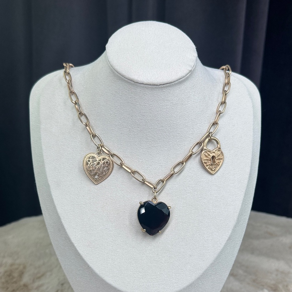 Gold Tone Heart Charm Dangle Necklace Dark Purple Stone Matte Finish